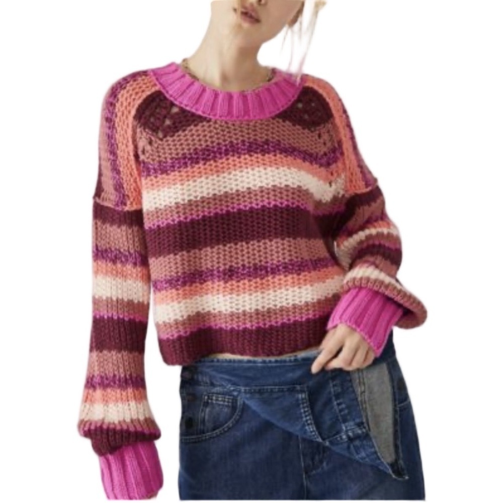 Free People Devon striped crop sweater in Fuschia Rose Combo color Size Small
